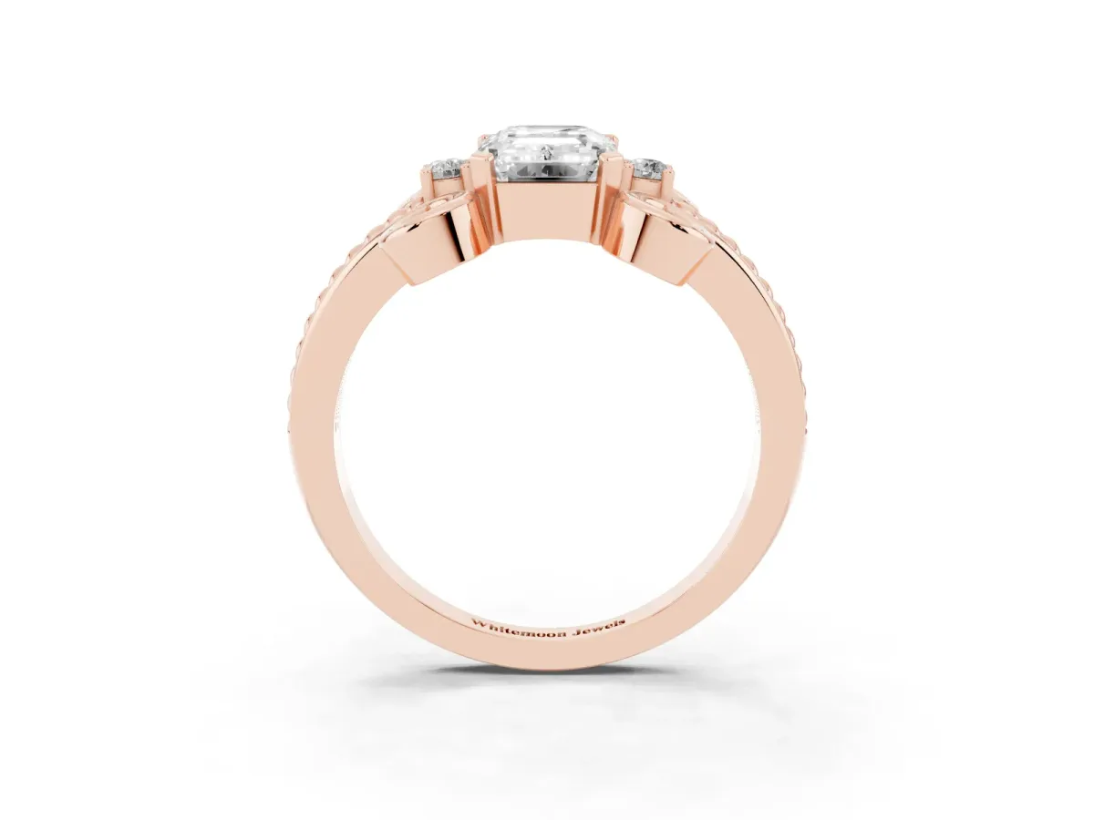 Emerald Cut Solitaire Twisted Band Scroll Prong Ring Rose gold