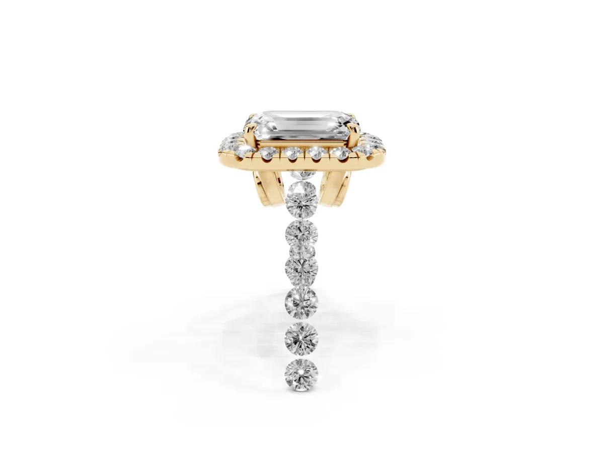 Emerald Cut Halo Pavé Diamond Engagement Ring with Four-Prong Setting Yellow gold