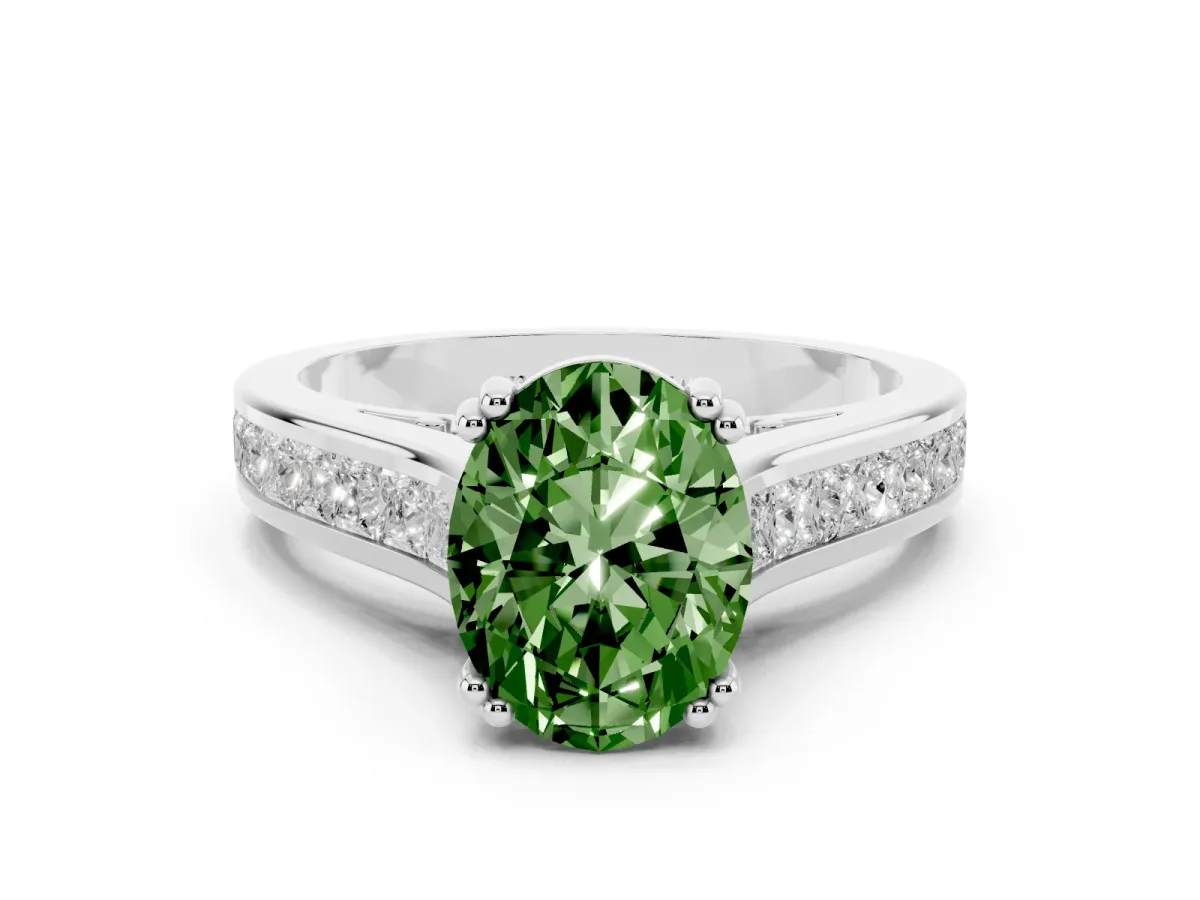 Fancy Green Oval Cut Cut Channel Set Solitaire Engagement Ring with Prong Setting Silver