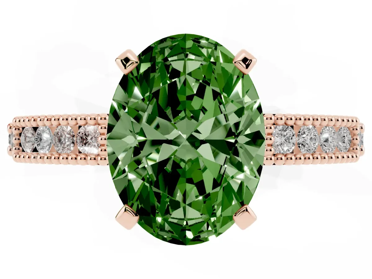 Fancy Green Oval Cut Solitaire with Pavé Band and Four-Prong Setting Rose gold