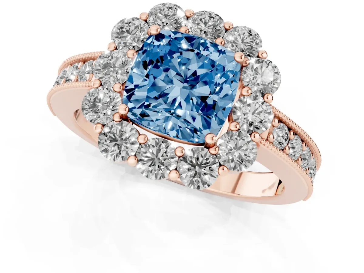 Fancy Blue Cushion Cut Cut Halo Diamond Pavé Engagement Ring with Milgrain Detailing Rose gold