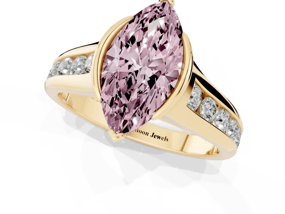 Fancy Pink Marquise Cut Solitaire Bezel-Set Diamond Ring with Channel-Set Band Yellow gold
