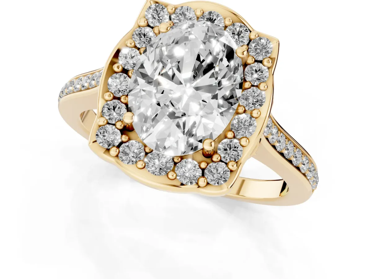 Oval Cut Halo Round Diamond Pave Band with Four-Prong Setting Yellow gold