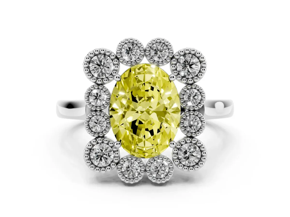 Fancy Yellow Oval Cut Halo Diamond Cluster Engagement Ring with Milgrain Bezel Setting and Solitaire Band Silver