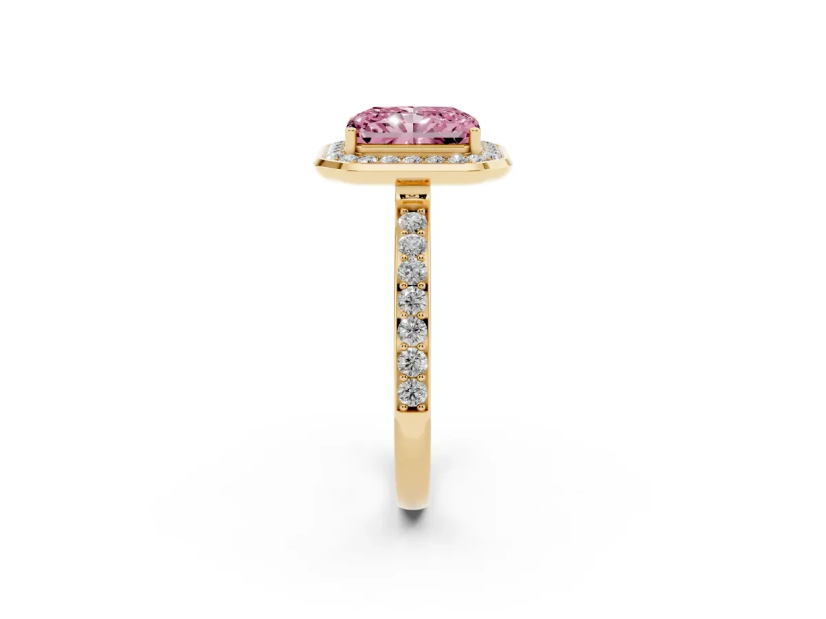 Fancy Pink Radiant Cut Diamond Halo Ring with Bezel Frame and Pavé Band Yellow gold