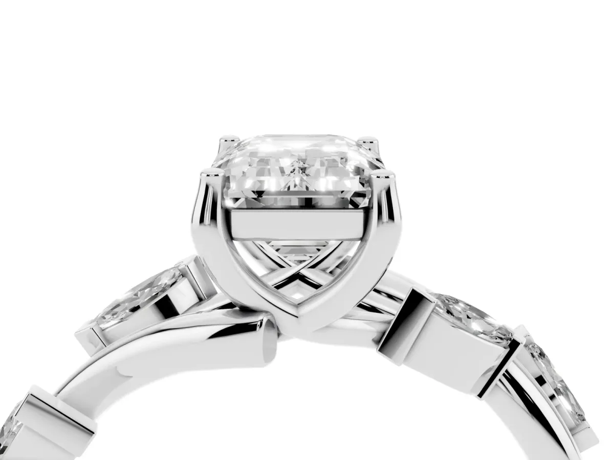 Emerald Cut Solitaire Twisted Band Marquise Accent Prong Setting Ring Silver