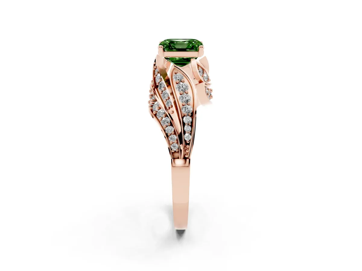 Fancy Green Asscher Cut Diamond Solitaire Ring with Prong Setting and Twisted Pavé Band Rose gold
