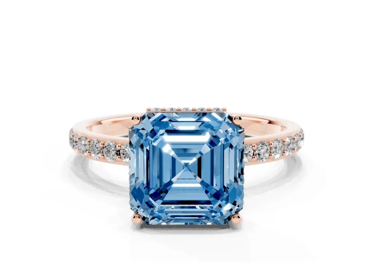 Fancy Blue Asscher Cut Diamond Solitaire Ring with Pavé Band and Hidden Halo Rose gold