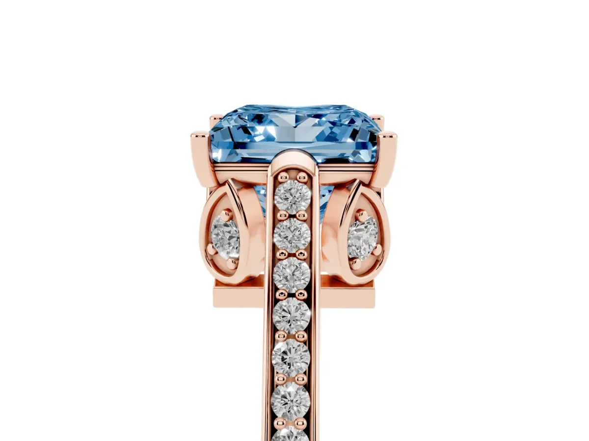 Fancy Blue Princess Cut Cut Cathedral Pave Diamond Engagement Ring with Six-Prong Setting Rose gold