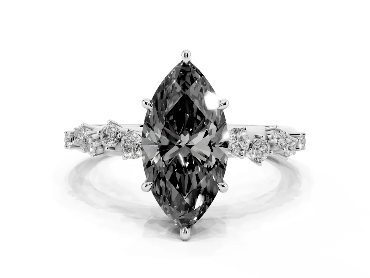 Fancy Black Marquise Cut Diamond Cluster Side Stone Solitaire Ring with Prong Setting Silver
