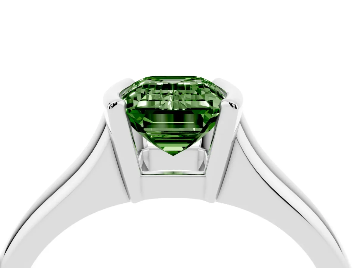 Fancy Green Emerald Cut Solitaire Tension Set Diamond Ring with Split Shank Band Silver