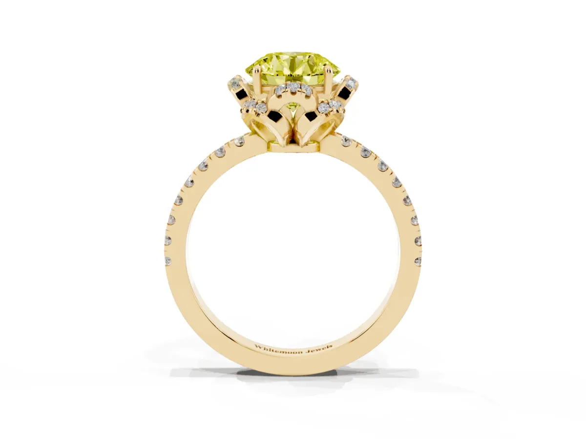 Fancy Yellow Round Cut Diamond Halo Pave Band with Four-Prong Setting Yellow gold