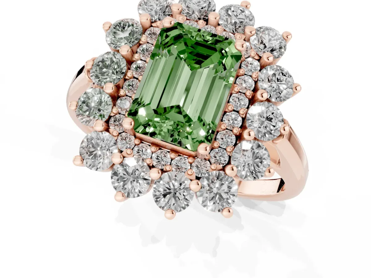 Fancy Green Emerald Cut Diamond Floral Double Halo Engagement Ring with Prong Setting Rose gold