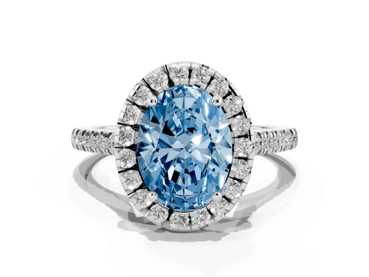 Fancy Blue Oval Cut Diamond Cushion Halo Ring with Pavé Band Silver