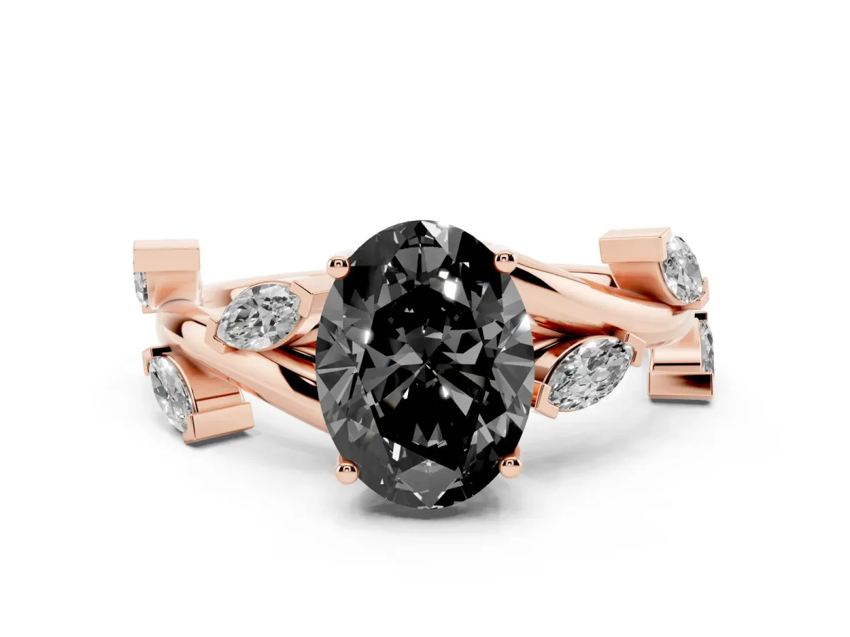 Fancy Black Oval Cut Solitaire Twisted Band Marquise Accent Prong Setting Ring Rose gold