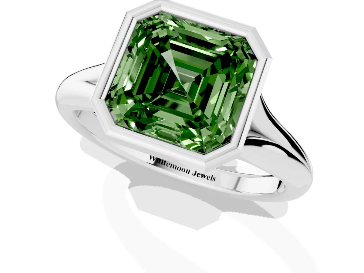 Fancy Green Bezel Set Asscher Cut Solitaire Diamond Ring with Smooth Band Platinum