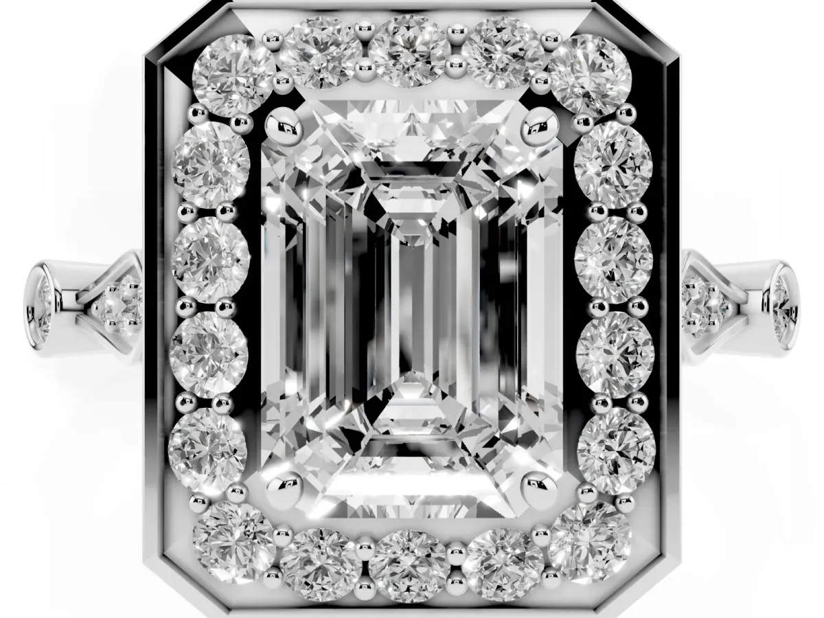 Emerald Cut Halo Diamond Engagement Ring with Twisted Band and Four-Prong Setting Silver