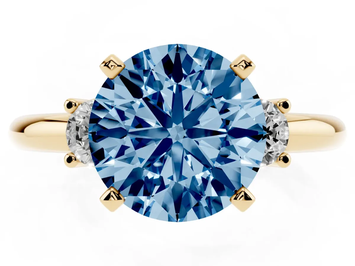 Fancy Blue Three-Stone Round Cut Cut Diamond Solitaire with Prong Setting and Classic Band Yellow gold