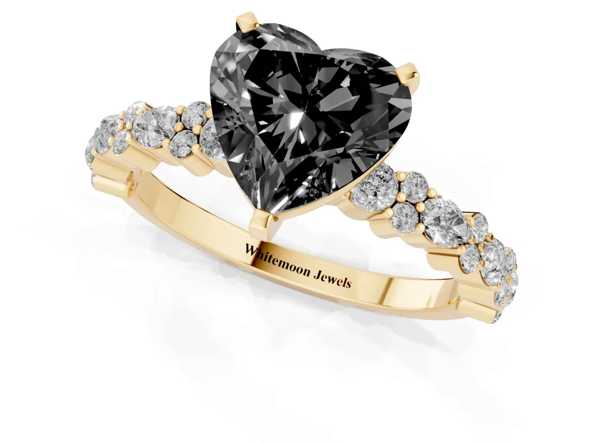 Fancy Black Heart Cut Diamond Side Stone Solitaire Ring with Round and Four-Prong Setting Yellow gold