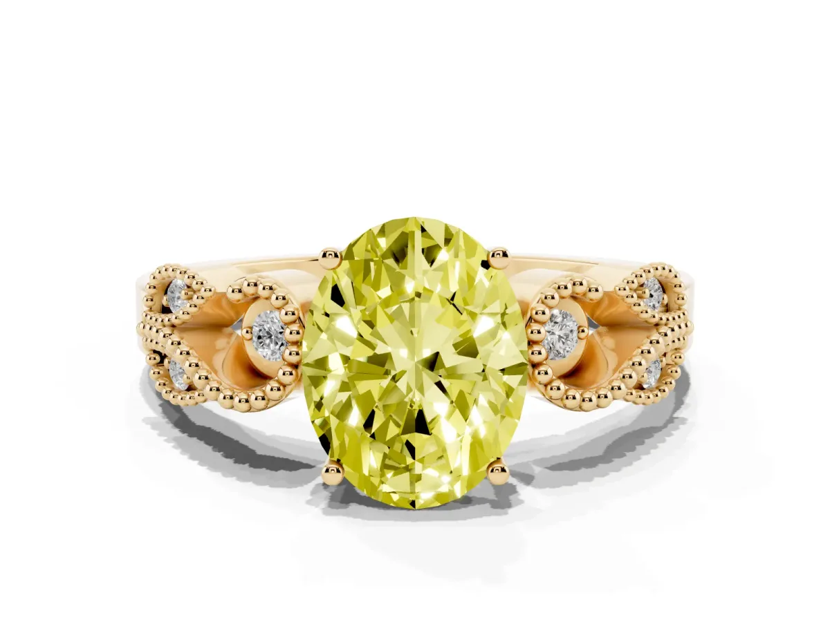 Fancy Yellow Oval Cut Solitaire Milgrain Leaf Band with Prong Setting Yellow gold