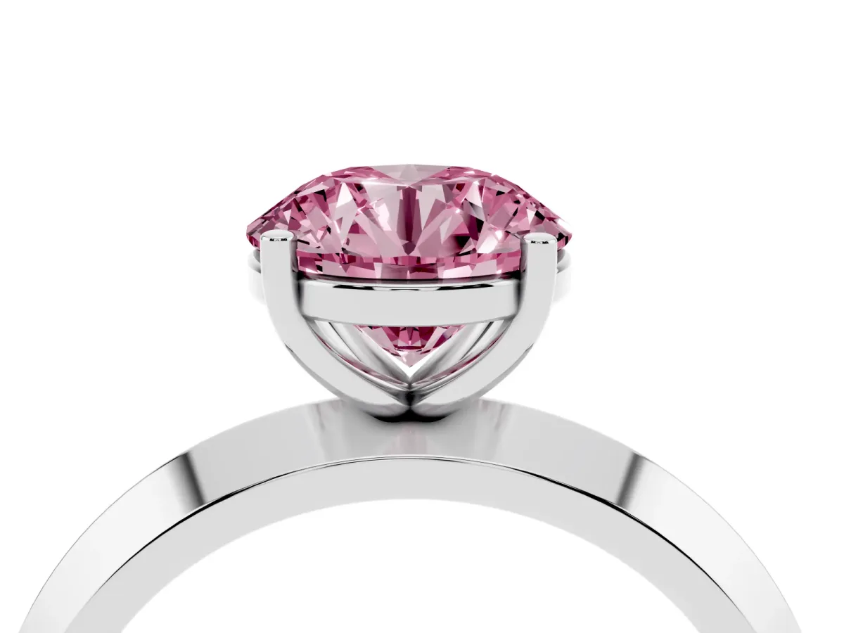 Fancy Pink Round Cut Cut Solitaire Engagement Ring with Flat Band and Four-Prong Setting White gold