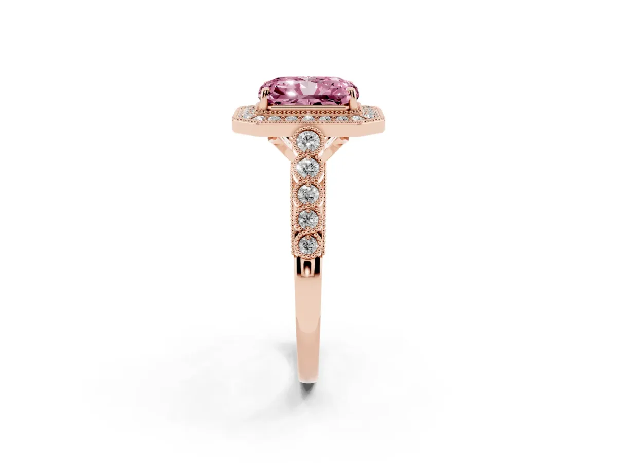 Fancy Pink Radiant Cut Halo Milgrain Solitaire with Bezel Set Side Stones and Pave Band Rose gold