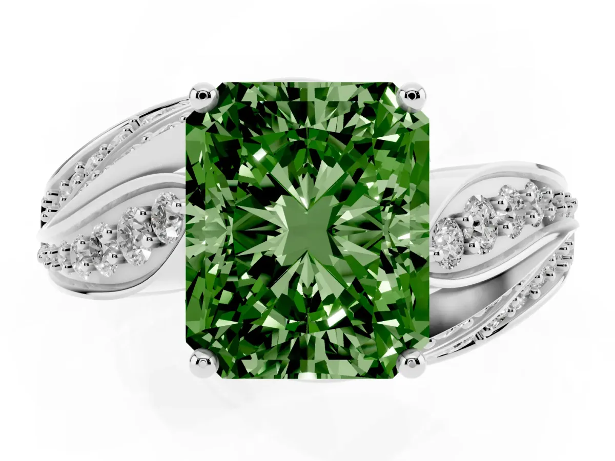 Fancy Green Radiant Cut Diamond Solitaire Ring with Prong Setting and Twisted Pavé Band Silver