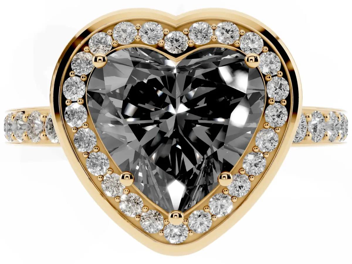 Fancy Black Heart Cut Diamond Halo Ring with Bezel Frame and Pavé Band Yellow gold