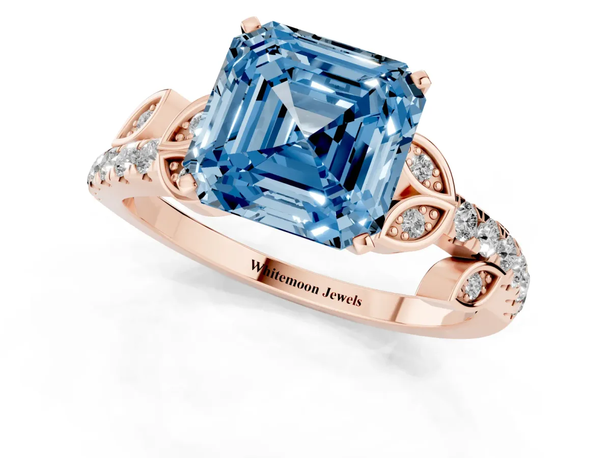 Fancy Blue Asscher Cut Solitaire Leaf-Inspired Diamond Ring with Pavé Band and Four-Prong Setting Rose gold