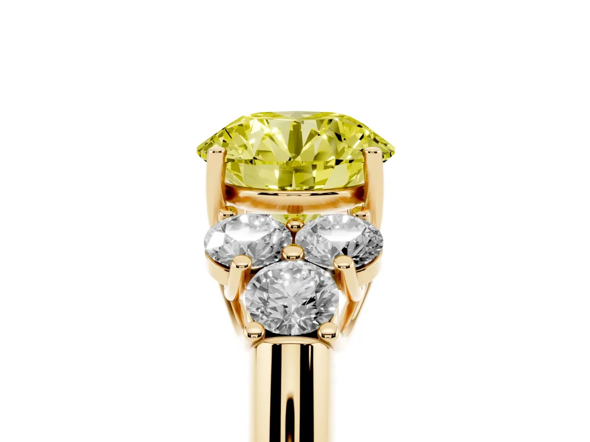 Fancy Yellow Round Cut Cut Diamond Cluster Ring with Round Accent Stones and Prong Setting on a Classic Band Yellow gold