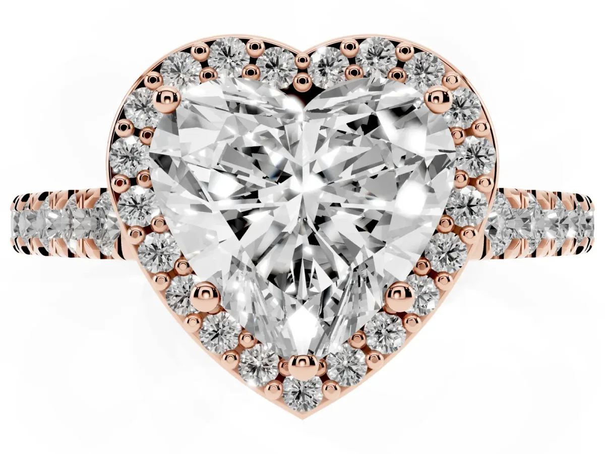 Heart Cut Cut Halo Diamond Engagement Ring with Pave Band and Four-Prong Setting Rose gold