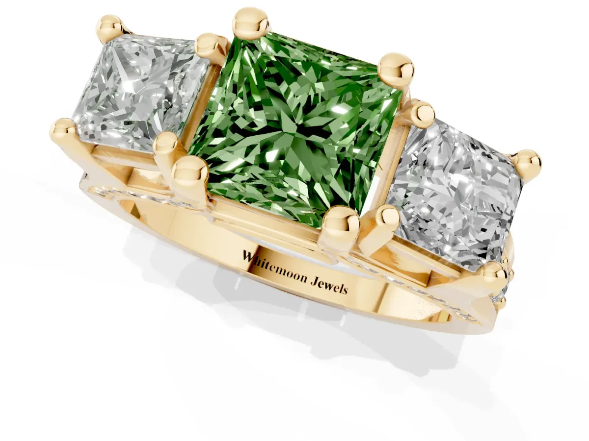 Fancy Green Princess Cut Diamond Three-Stone Ring with Channel Set Band and Four-Prong Setting Yellow gold