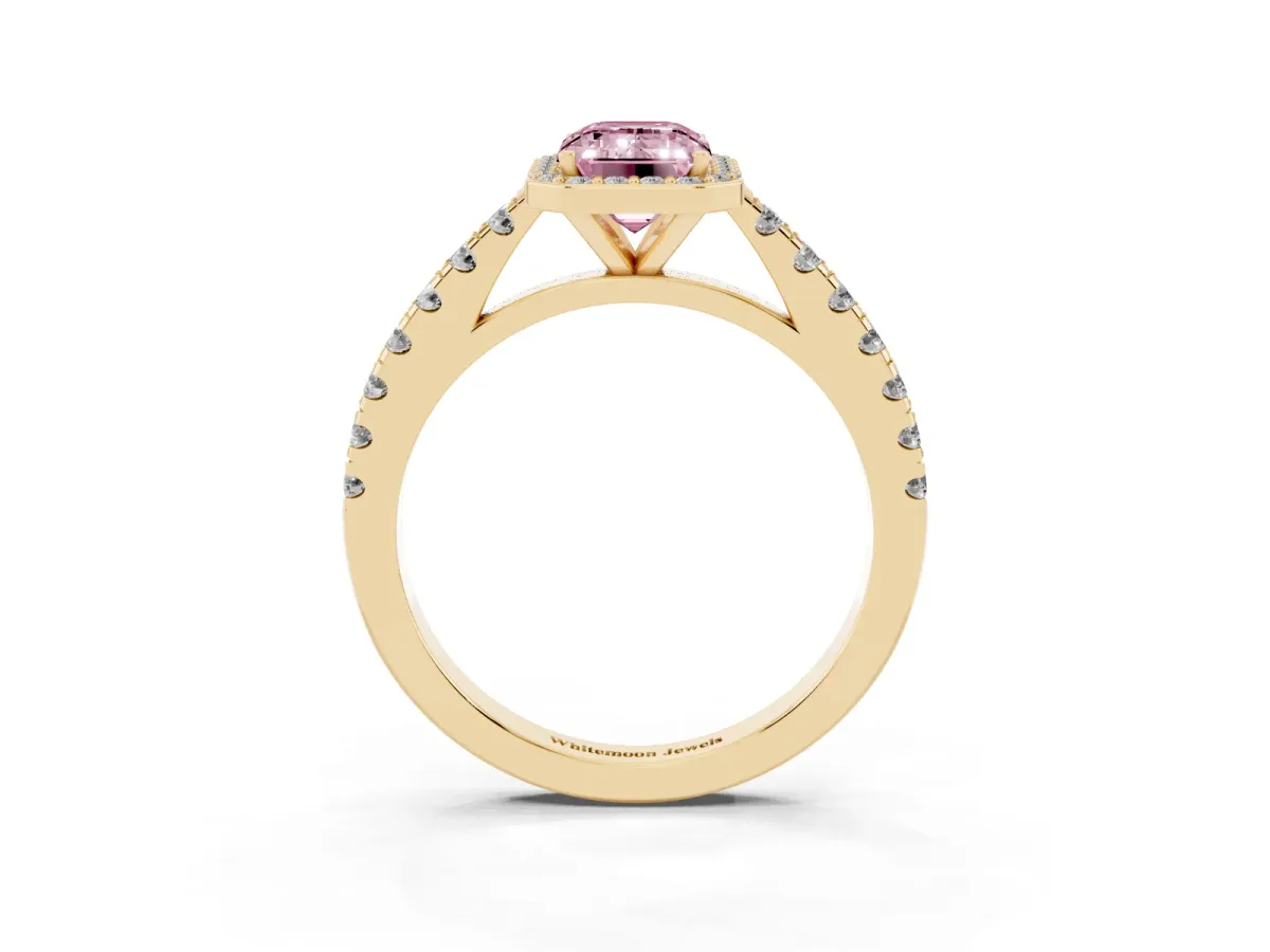Fancy Pink Emerald Cut Cut Halo Diamond Engagement Ring with Pave Band and Four-Prong Setting Yellow gold