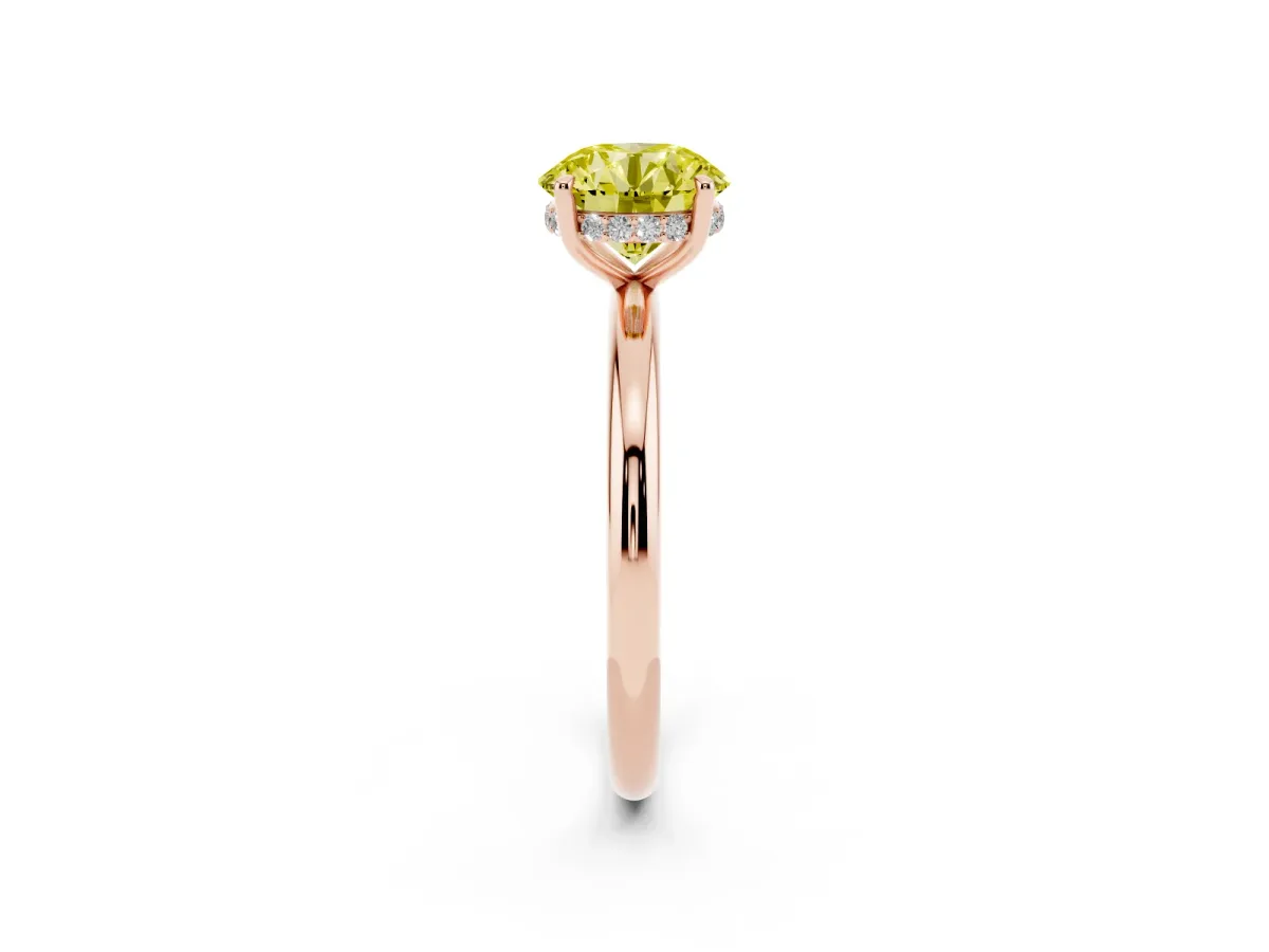 Fancy Yellow Round Cut Diamond Solitaire Ring with Thin Band and Four-Prong Setting Rose gold