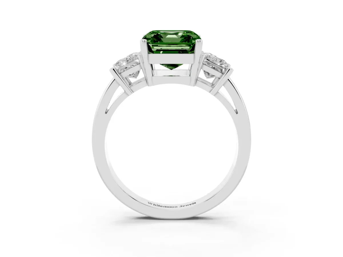 Fancy Green Three-Stone Asscher Cut Cut Solitaire Ring with Prong Setting Silver