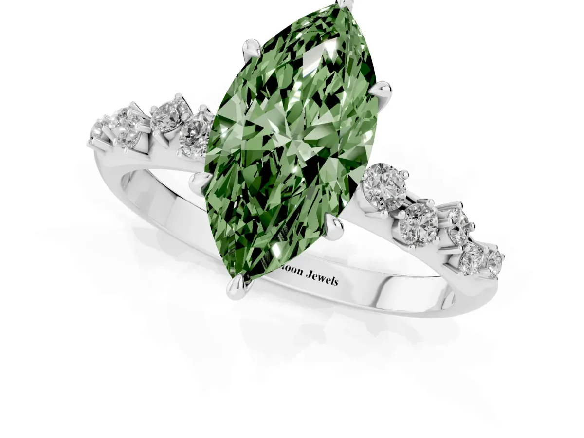 Fancy Green Marquise Cut Diamond Cluster Side Stone Solitaire Ring with Prong Setting Silver