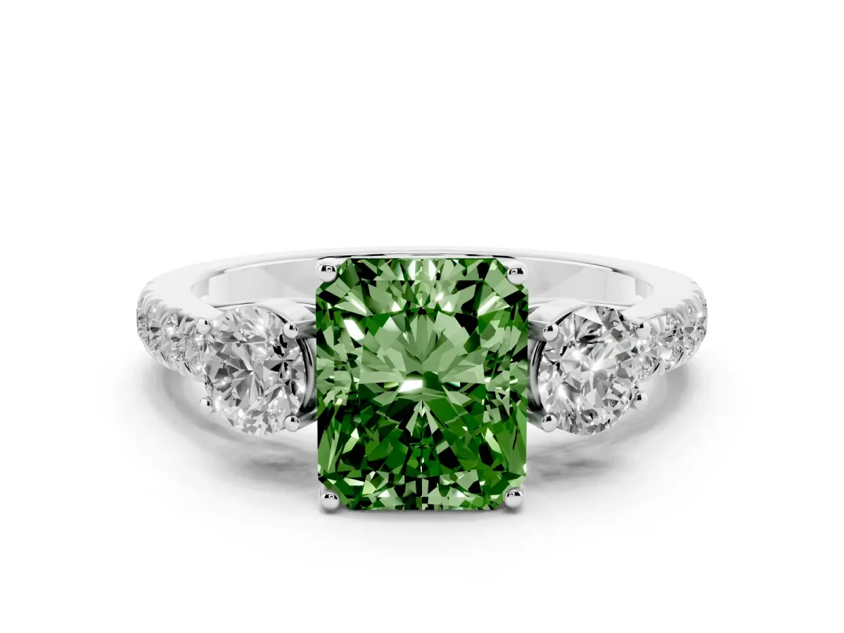 Fancy Green Radiant Cut Cut Diamond Three-Stone Ring with Round Side Stones and Pavé Band Silver
