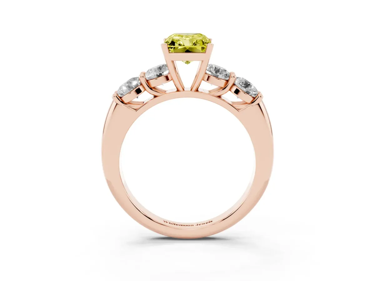 Fancy Yellow Radiant Cut Cut Five-Stone Prong Set Diamond Ring with Classic Band Rose gold