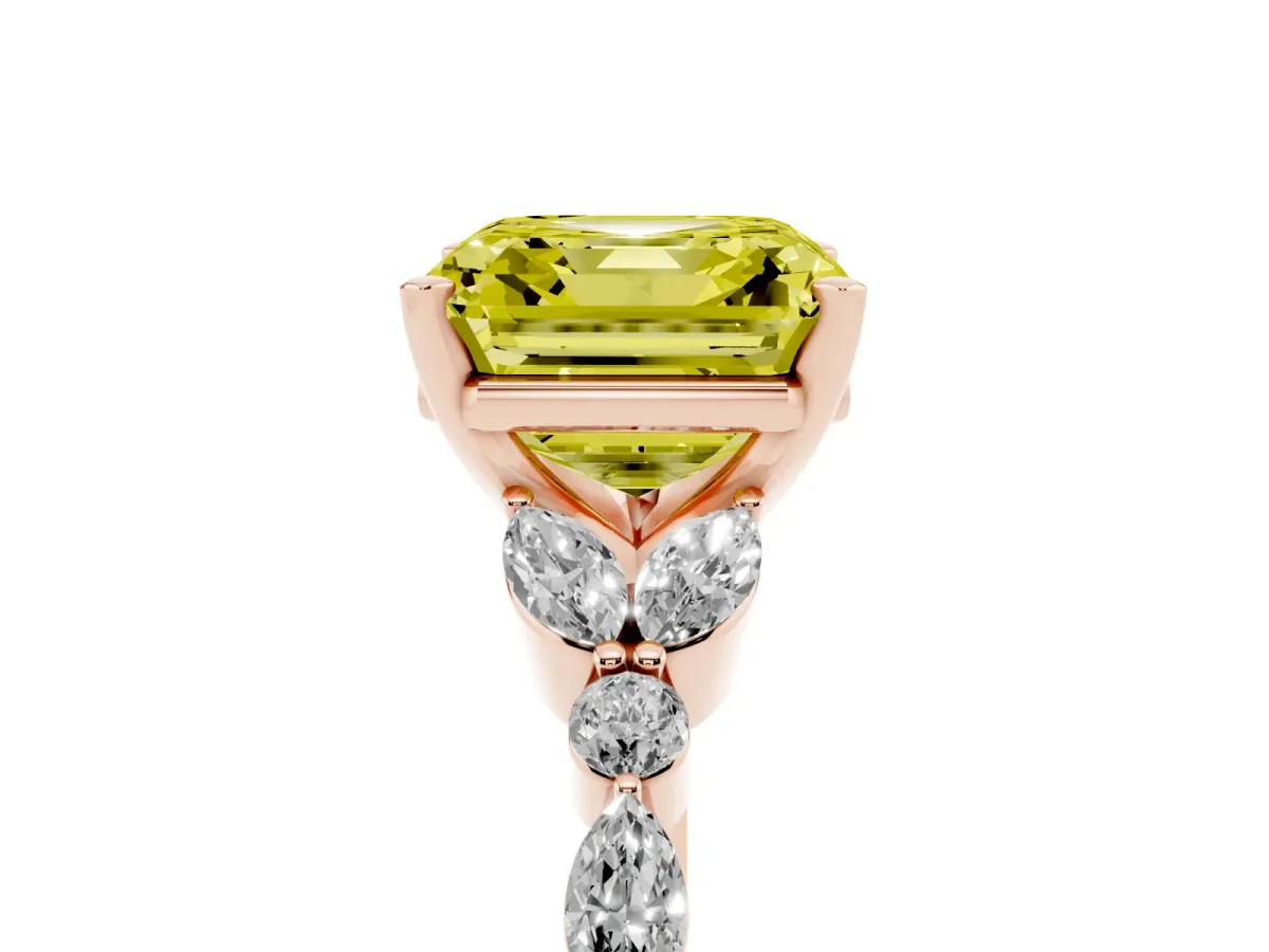 Fancy Yellow Asscher Cut Diamond Solitaire Ring with Side Stones and Four-Prong Setting Rose gold