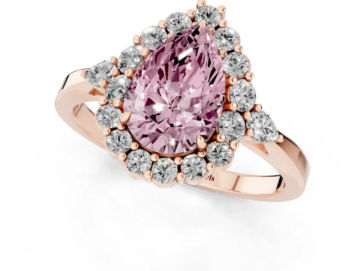 Fancy Pink Pear Cut Diamond Halo Ring with Pear Side Stones and Prong Setting Rose gold