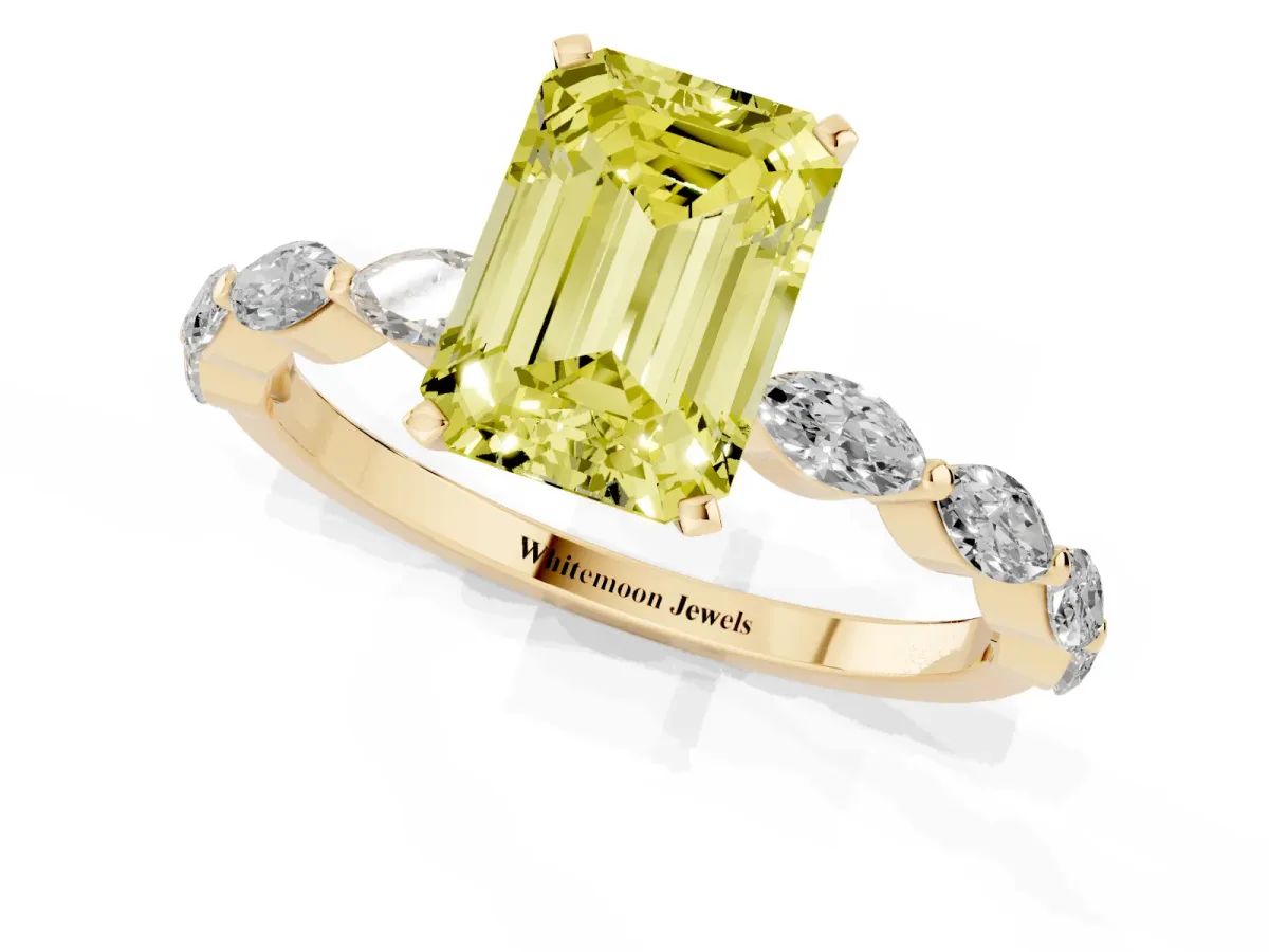 Fancy Yellow Emerald Cut Diamond Ring with Marquise Side Stones and Prong Setting Yellow gold
