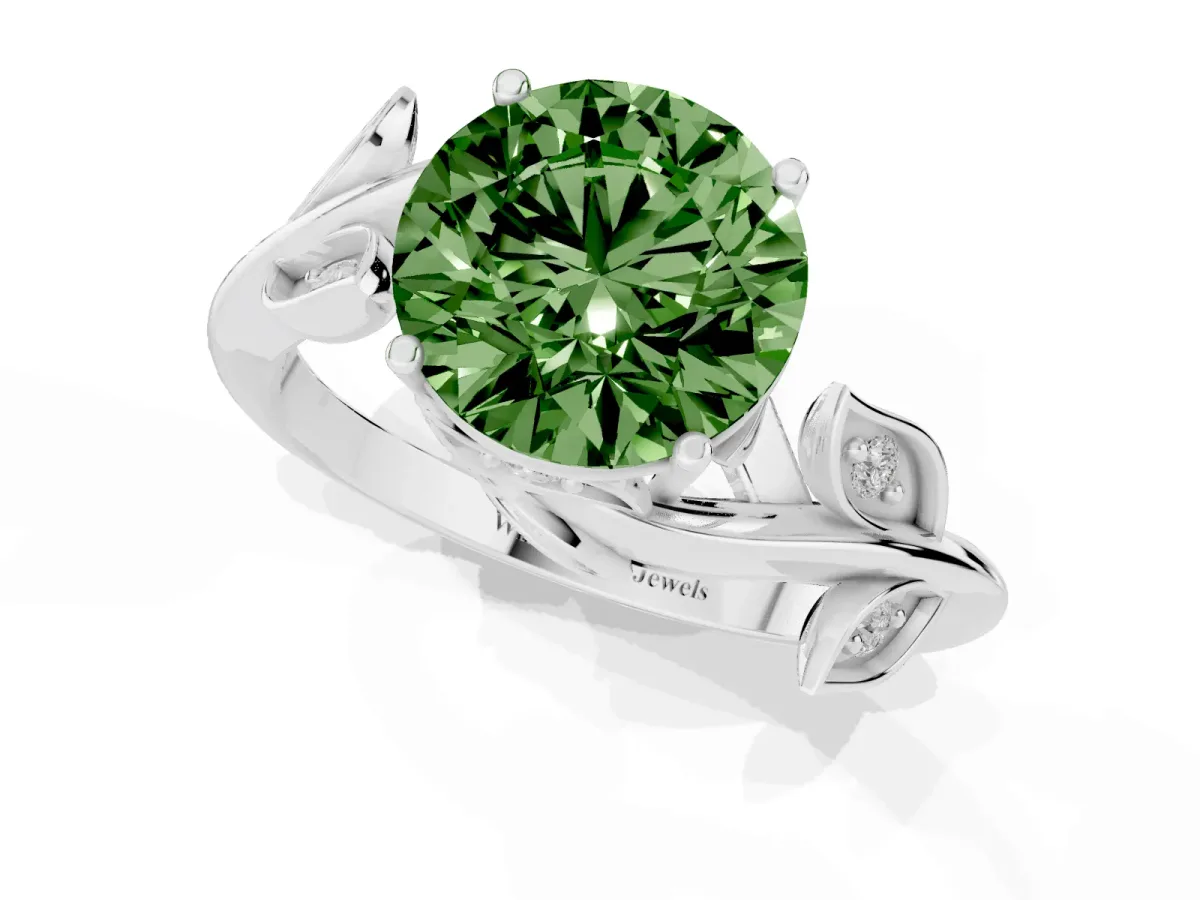 Fancy Green Round Cut Solitaire Twist Engagement Ring with Leaf Accents and Prong Setting Silver