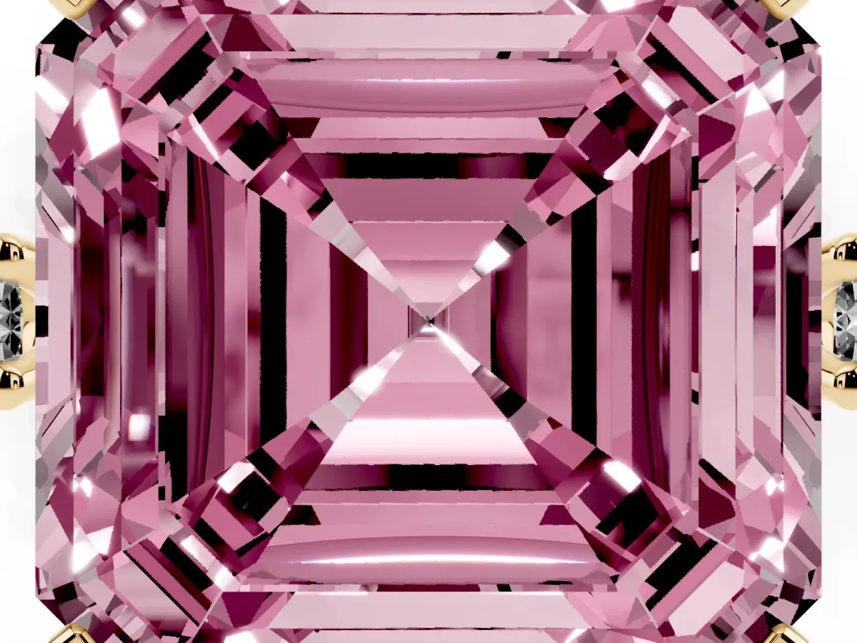 Fancy Pink Asscher Cut Cut Three-Stone Solitaire Ring with Round Accent Diamonds and Four-Prong Setting Yellow gold