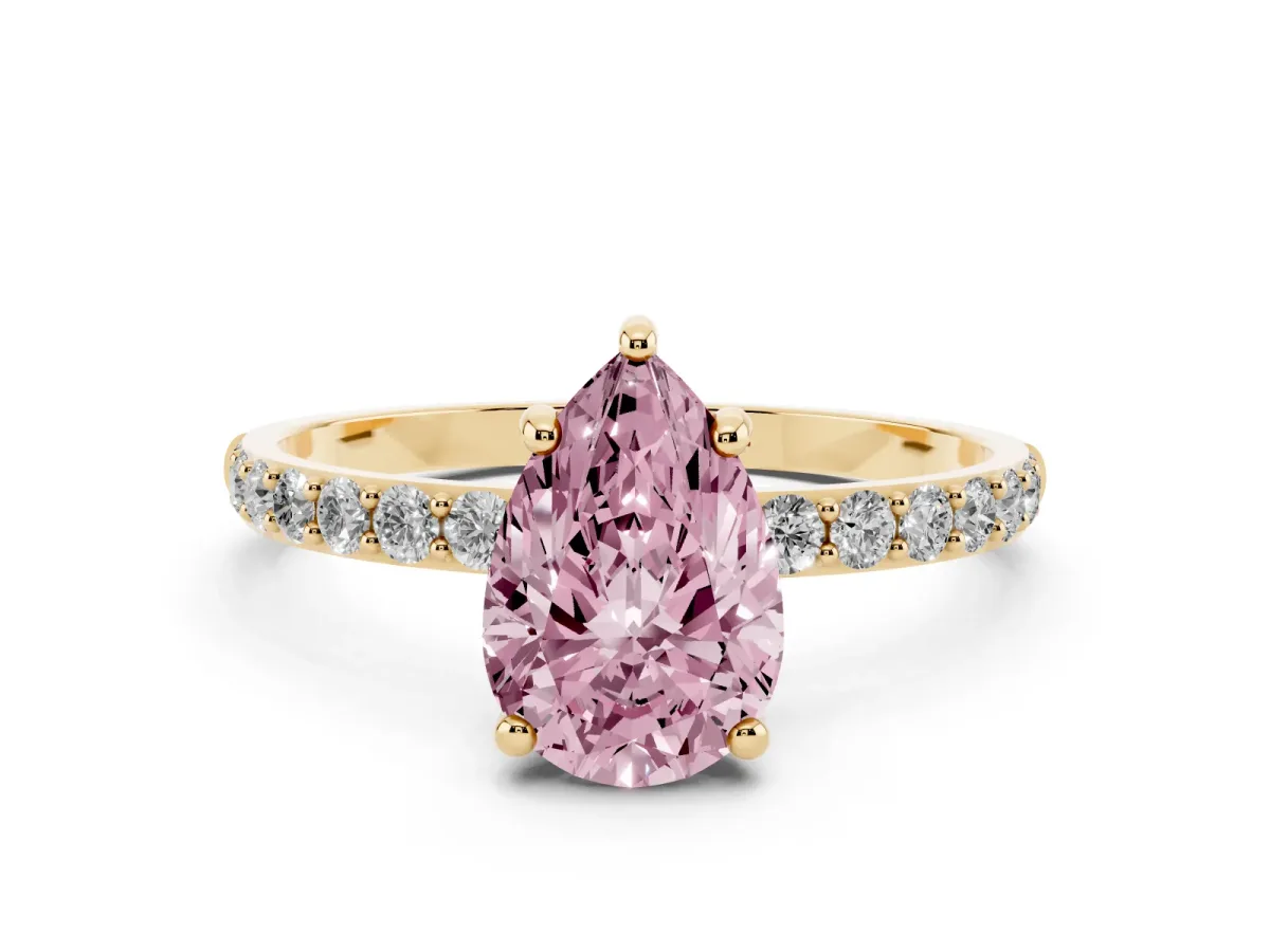 Fancy Pink Pear Cut Diamond Solitaire Ring with Round Pavé Band and Prong Setting Yellow gold