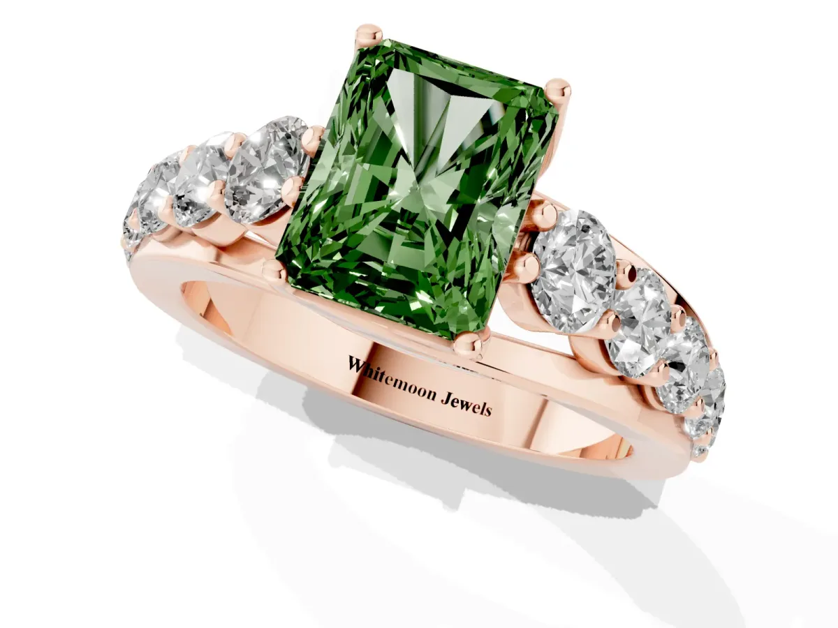Fancy Green Radiant Cut Diamond Engagement Ring with Pavé Band and Four-Prong Setting Rose gold