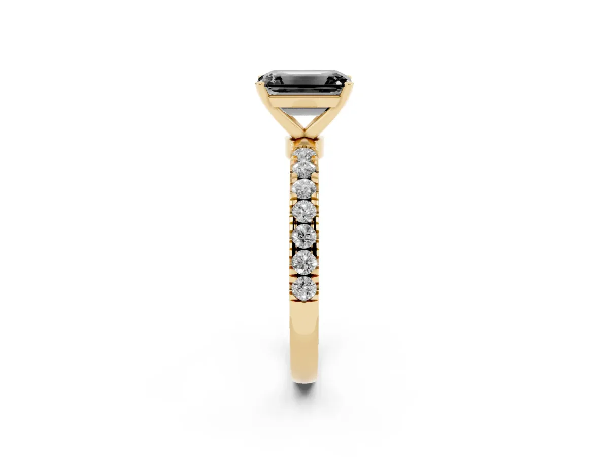 Fancy Black Emerald Cut Diamond Solitaire Ring with Pavé Accents and Four-Prong Setting Yellow gold