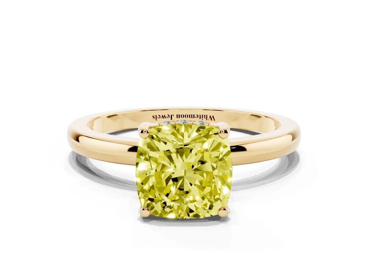 Fancy Yellow Cushion Cut Solitaire Diamond Ring with Prong Setting and Plain Band Yellow gold