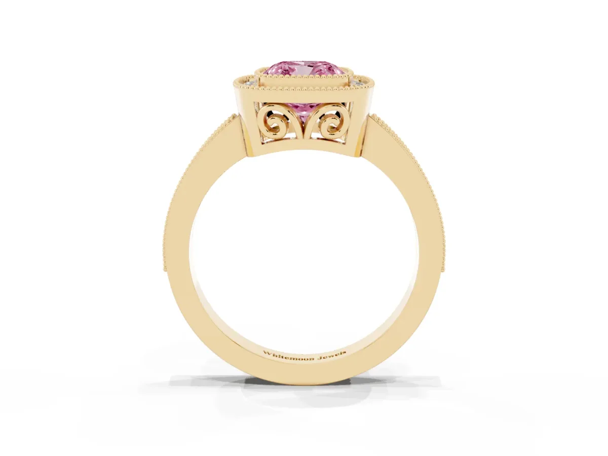 Fancy Pink Cushion Cut Cut Halo Diamond Ring with Pavé Band and Milgrain Prong Setting Yellow gold