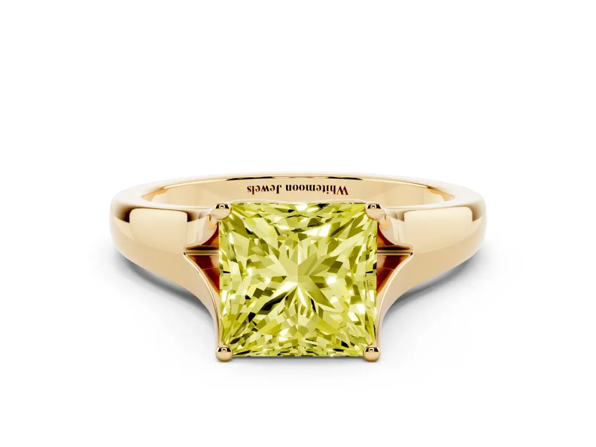 Fancy Yellow Princess Cut Solitaire Diamond Ring with Cathedral Band and Four-Prong Setting Yellow gold