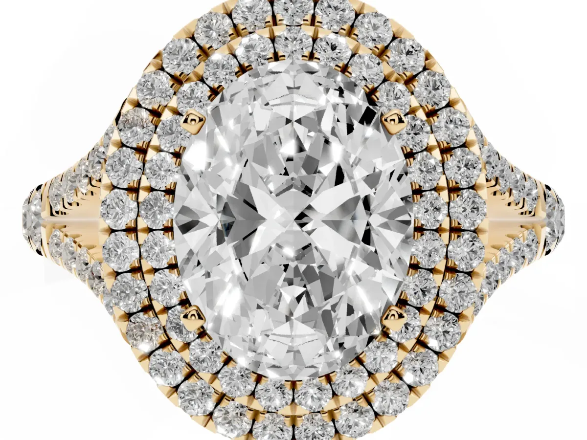 Double Halo Oval Cut Diamond Split Shank Engagement Ring with Four-Prong Setting Yellow gold